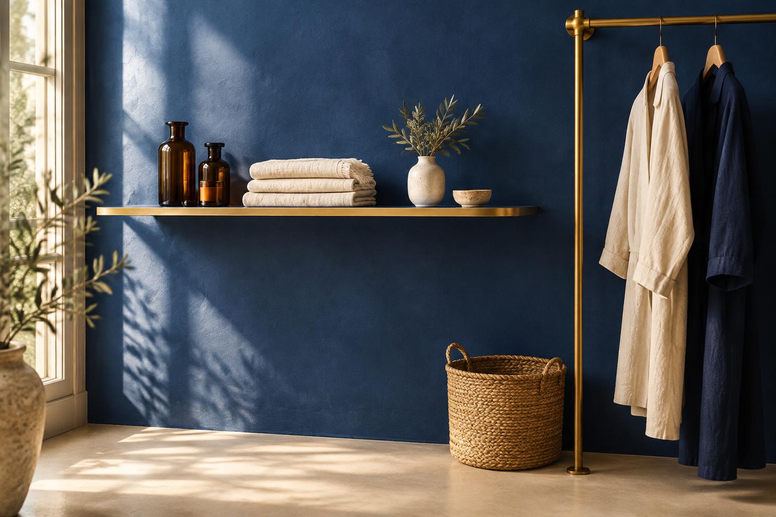 A corner of the Wanora boutique: a slim shelf with amber bottles and folded linens against a royal blue wall, garments on a gold rail